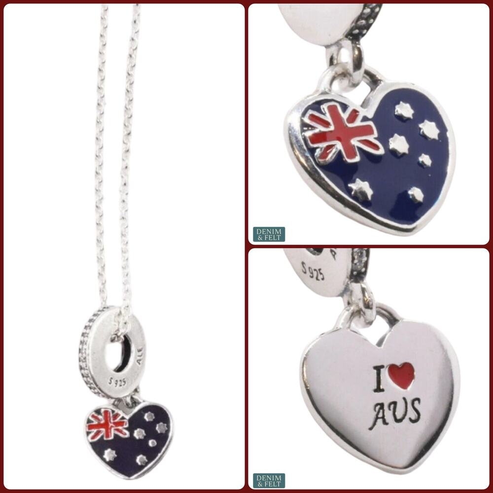 NEW Pandora Australia Heart Charm Necklace Set Sterling Silver‎ AUS Flag Travel